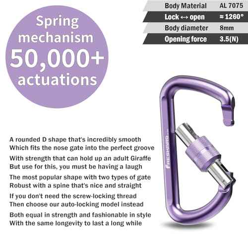 FresKaro 3inches Screw Locking Carabiners, Strong Tensile Strength 12kN/2698lbs, Lightweight, Rust-Free, D Shape Wide Opening Gate, Sturdy and Last Long, Assorted Colors