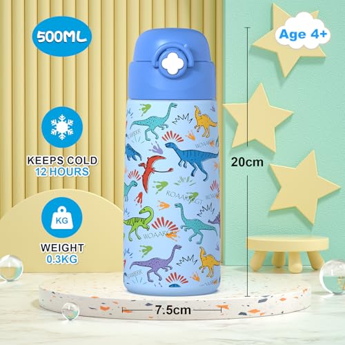Kids Insulated Water Bottle with Pop-Up Straw 16oz Dinosaur Design - Blue