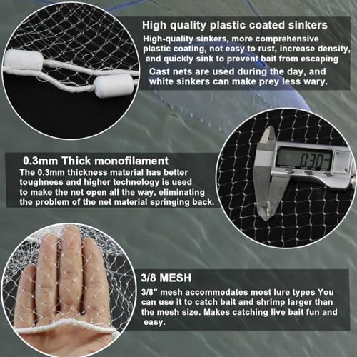 Saltwater Casting Net 3/8 Mesh with Heavy Duty Sinkers, 10Ft Radius, Hand-Rolled Monofilament