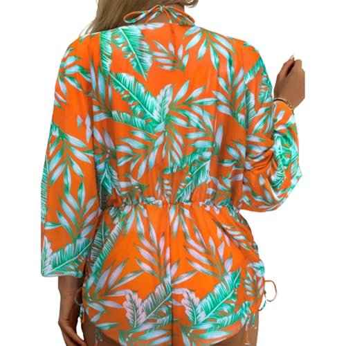 3 Piece Swimsuits for Women Sexy Leaf Print Bikini Set with Tummy Control Mesh Cover Up Tropical Swimsuits XS-XXL