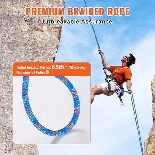 VEVOR 10.2mm Dynamic Climbing Rope, Outdoor Rock Climbing Rope 25KN Breaking Tension, Stretchable Fiber Rope with Steel Snap Hooks for Escape, Rappelling, Fire Rescue, Blue