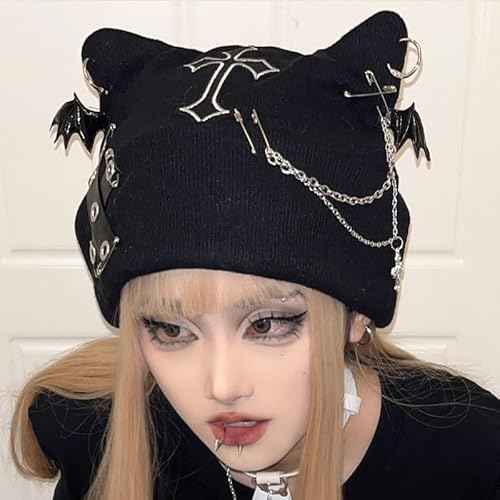 Y2k Goth Beanie Hats for Women Winter Punk Emo Grunge Cat Ear Knitted Cap Gothic Streetwear Halloween Accessories