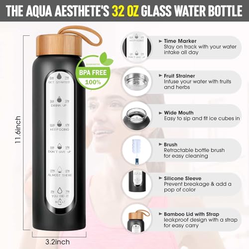 Aqulea 32oz Glass Water Bottle with Silicone Sleeve - Black, Wide Mouth, Infuser, Leak-Proof