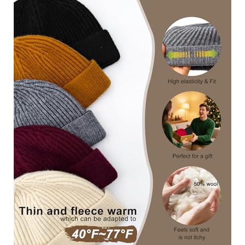 Swag Wool Knit Cuff Short Fisherman Beanie for Men Women, Spring Fall Winter Warm Hats, Trawler Skull Cap, Watch Cap