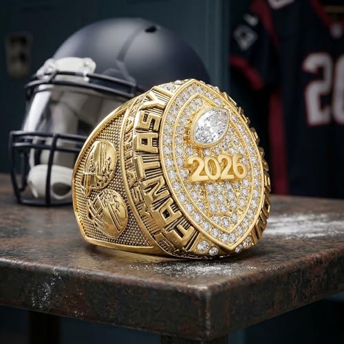 Gold Fantasy Football Championship Ring - 2026 League Winner Trophy with Gift Box (026-Gold / 11-D20.22MM-C65MM)