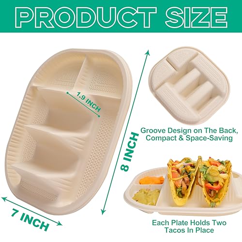 Disposable Taco Plates Set 50 Pack with 2 Slots & 2 Sides - Biodegradable Cornstarch, Microwave Safe