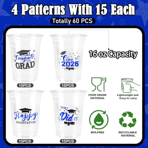 Blue 60 Pack 16oz Graduation Plastic Cups for Class of 2026 Party