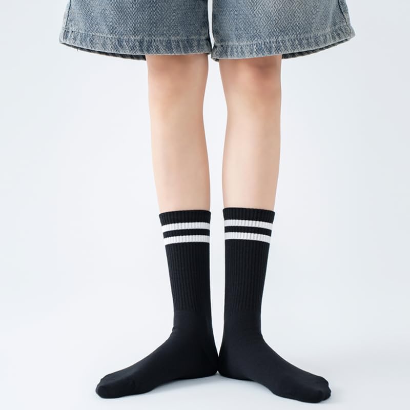 Women's Crew Socks – 4-Pack Cotton Athletic Socks with Stripes (Black) – 9-12, 4-pairs