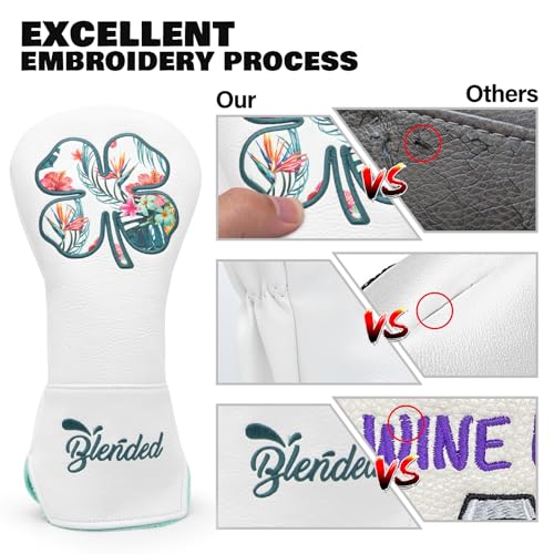Golf Club Head Cover with Lucky Clover & Number Tag for Driver – White
