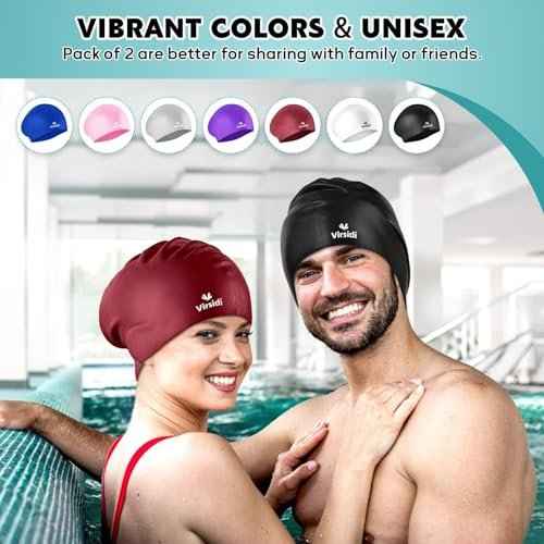 2 Pack Swim Cap for Women Men Adult, Silicone Swimming Caps for Short Long Hair, Waterproof Swim Hats Bathing Caps to Keep Hair Dry with Nose Clip and Earplugs