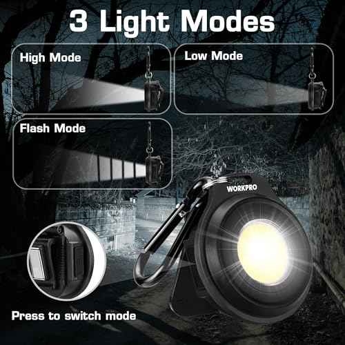WORKPRO COB Keychain Light, 2Pcs Small Work Keychain Flashlight with Hat Clip, EDC Rechargeable Magnetic 3 Light Modes Carabiner Flashlight for Running, Emergency Hiking and Repairing, Black