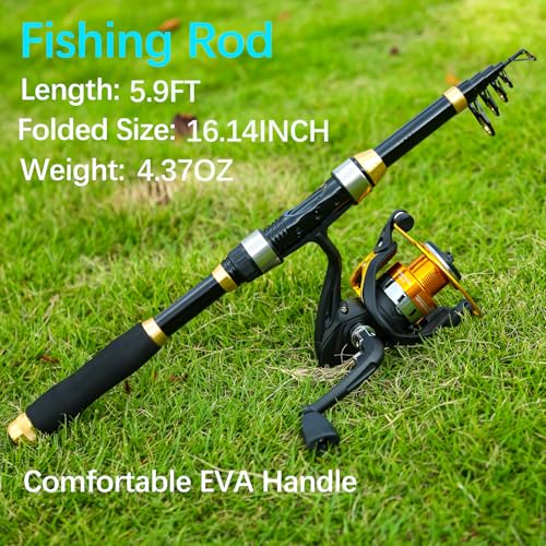 2 Pack Telescopic Fishing Rod and Reel Combo Set - 5.9ft Travel Starter Kit with Lures & Tackle Bag
