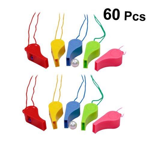 SUPVOX 60pcs Colorful Plastic Whistles Lanyard Boys and Girls Whistle Toys Cheerleading Whistle for Sports Referee Whistle Toy Birthday Random