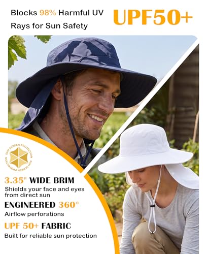 White UPF 50+ Wide Brim Sun Hat with Neck Flap - Men & Women Gardening & Sun Protection