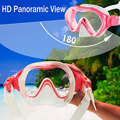 Kids Snorkel Mask Fins Set with Diving Mask, Adjustable Snorkel & Mesh Bag - Light Pink