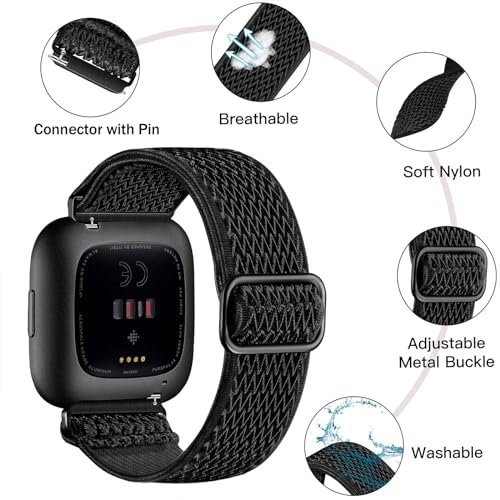 Stretchy Nylon Watch Band for Fitbit Versa 2 - Black/Grey Adjustable Strap