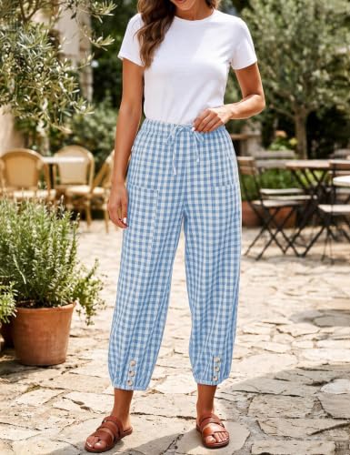 Women's Plaid Pants with Pockets Casual Button Capris Elastic Waist