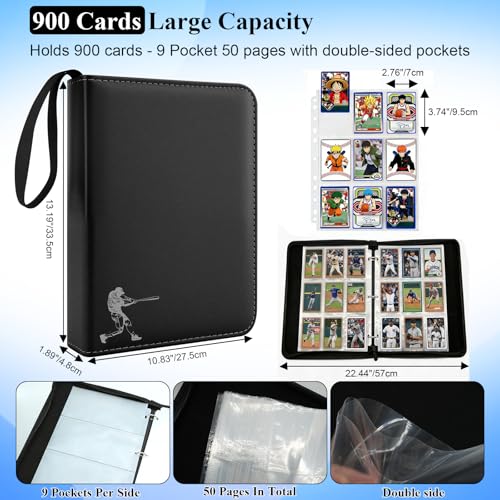 Black PU Leather Baseball Card Binder 900 Capacity with Removable Sleeves - Large
