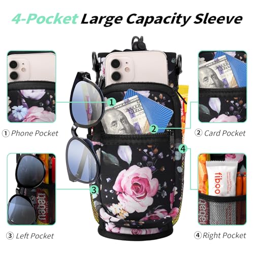 16oz Water Bottle Carrier Bag Neoprene Sleeve with 4 Pockets & Adjustable Strap - Black Flower