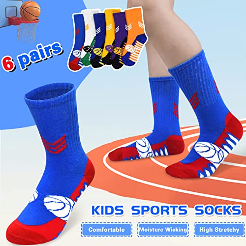 Kids Basketball Socks 6 Pairs - 7-10 Years Multicolor Athletic Sports Socks for Boys
