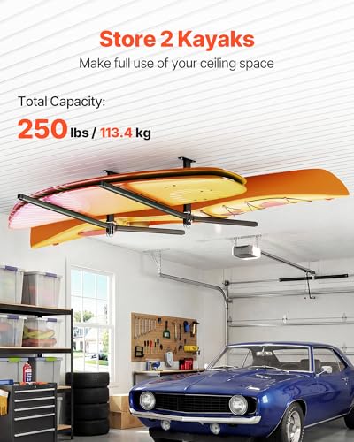 Heavy Duty Black Ceiling Kayak Storage Rack for 2 Kayaks - Adjustable Garage Mount