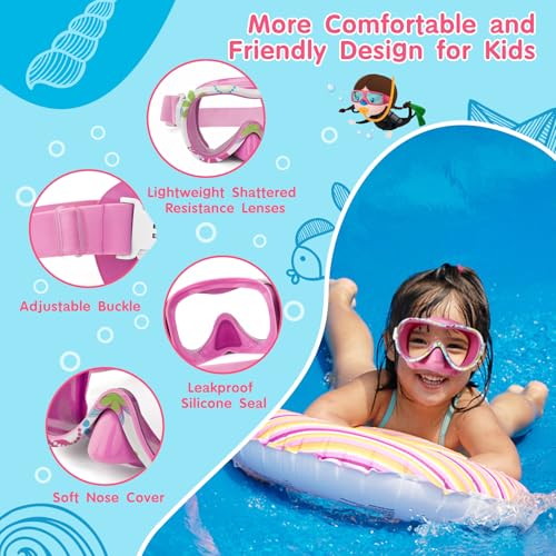Kids Swim Goggles and Snorkel Mask Set - Pink & Flower | Diving Mask with Nose Cover & Elastic Straps