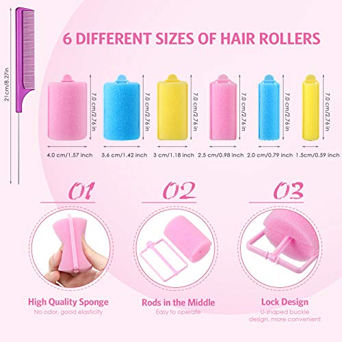 Foam Sponge Hair Rollers Set 56 Pieces in Mixed Color - 6 Sizes with Comb