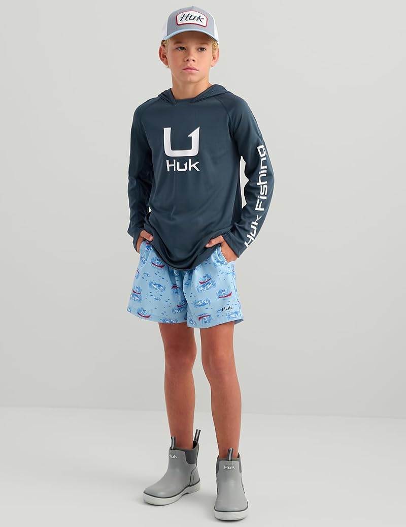 HUK Kids Icon Hoodie Fishing Shirt with Sun Protection — Sea Storm, Medium