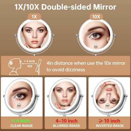 Gospire 7" Lighted Makeup Mirror with Magnification 10X/1X, Rechargeable Cordless Stepless Dimming LED Lights, 360¡Æ Swivel Magnifying Cosmetic Vanity Standing Mirror for Dresser, Bathroom