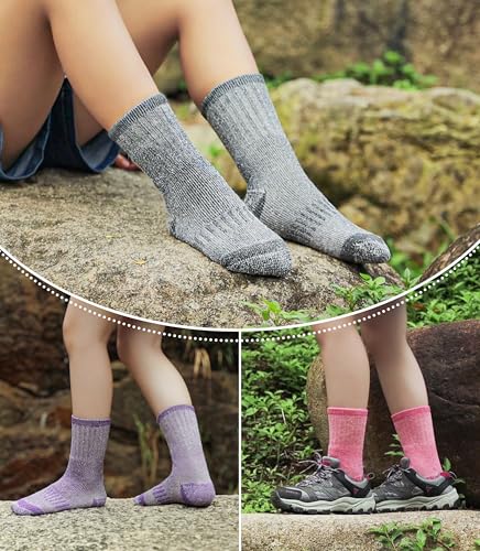 Kids Merino Wool Thermal Socks 8-12 Years Winter Warm Thick Cushioned Snowboarding Socks - Purple/Pink/Gray