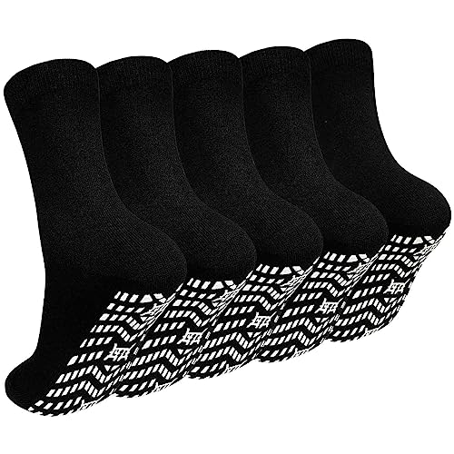 Non Slip Grip Socks for Men - Fall Prevention Hospital Seniors 11-13, Black - 5 Pairs