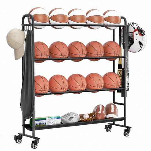 niffgaff Basketball Rack with Wheels ? 4-Layer Outdoor Storage Rack for 7 Size Basketballs & Larger Balls, Garage Ball Organizer with Hooks
