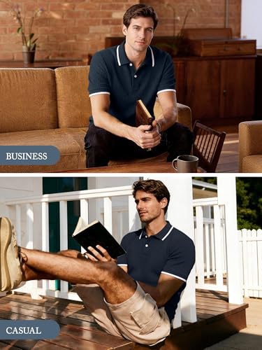Men's Regular Fit Short Sleeve Knit Polo Shirt - Large Navy Blue