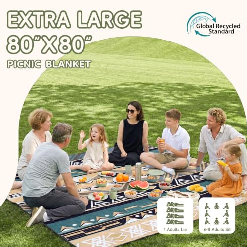 Boho Green Waterproof Picnic Blanket 6'8" x 6'8" Large Square Outdoor Beach & Camping Mat - Extra Large, Foldable, Sandproof, Family Friendly