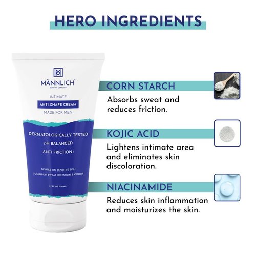 Mannlich Anti Chafing Cream for Men, Anti-Rash Cream for Intimate Areas, Reduces Inner Thigh Rashes from Sports and Fitness Activities, Prevents from Sweat, Odor, Irritation & Rashes |