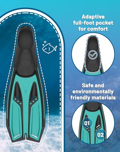 Greatever Full Foot Snorkel Fins for Adults Medium Green Diving Flippers