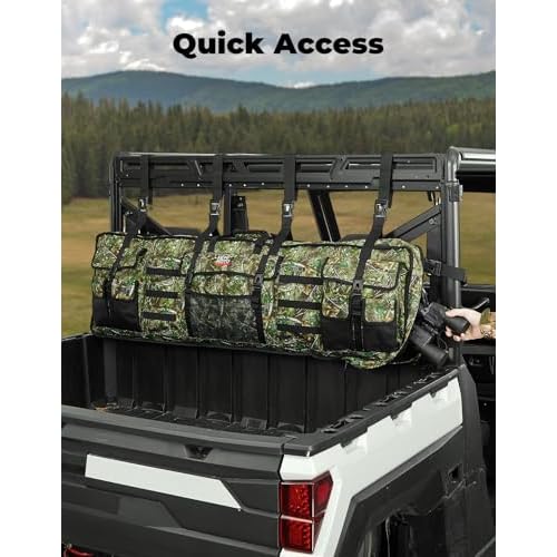KEMIMOTO Double UTV Tool Bag Rack, Hunting Tool Holder Rack Soft Carrier Case Rear Roll Cage, Bow Storage Bag Compatible with Polaris Ranger Mule Uforce, Most General UTVs (Green Camo)