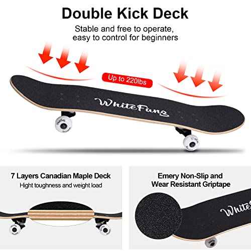 WhiteFang Skateboards for Beginners, Complete Skateboard 31 x 7.88, 7 Layer Canadian Maple Double Kick Concave Standard and Tricks Skateboards for Kids and Beginners