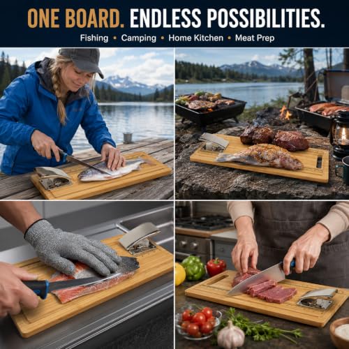 Fish Fillet Board with Clamp, Knife & Gloves - Natural Bamboo Fish Cleaning Set
