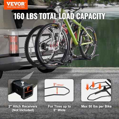 VEVOR Hitch Mount Bike Rack, 160 LBS Capacity Ebike Rack, 2-Bike Platform Style for 2-inch Receiver, Titling and Folding Bike Carrier with Tires up to 5" Wide, for Car, SUV, Truck, RV