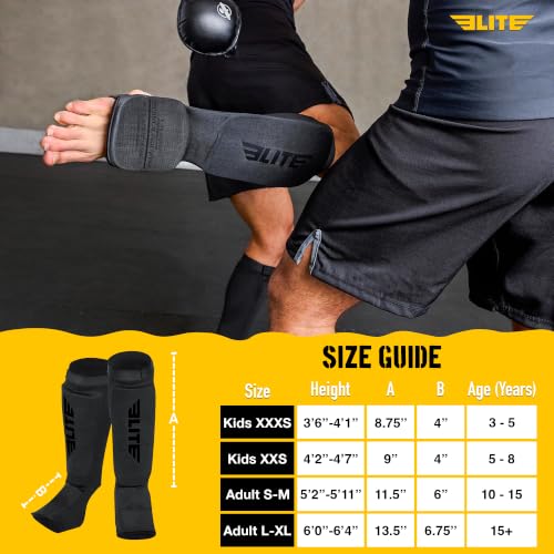 Elite Sports MMA Shin Pads with Instep Guard for Adults & Kids - All Black, L/XL