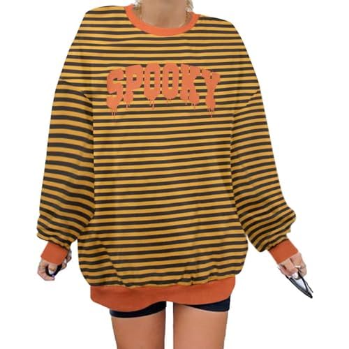 BANGELY Oversized Halloween Sweatshirt Women Vintage Spooky Season Pullover Top Spooky Vibes Letter Print Long Sleeve Shirt