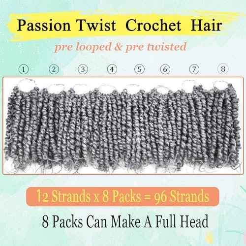 8 Inch Passion Twist Crochet Hair for Black Women 8 Packs Pre-twisted Passion Twists Crochet Braids Hair Pre-looped Bohemian Twists Synthetic Braiding Hair Extensions (12Strands/pack;TGrey#)
