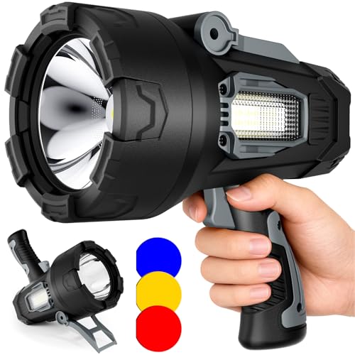 Rechargeable 200000 Lumens Waterproof LED Spotlight with 3 Lenses & Foldable Stand