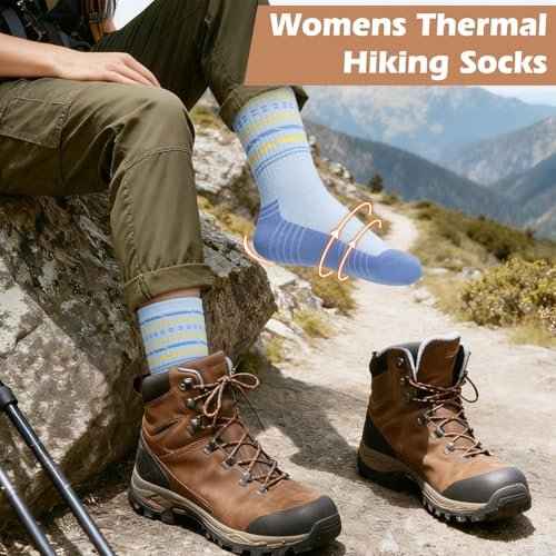 5 Pairs Womens Merino Wool Hiking Socks Winter Warm Crew Moisture Wicking Thick Cushioned Striped Boot Socks