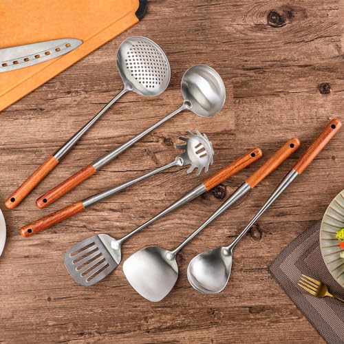 Walnut Handle Stainless Steel Kitchen Utensil Set - 6 PCS Cooking Tools