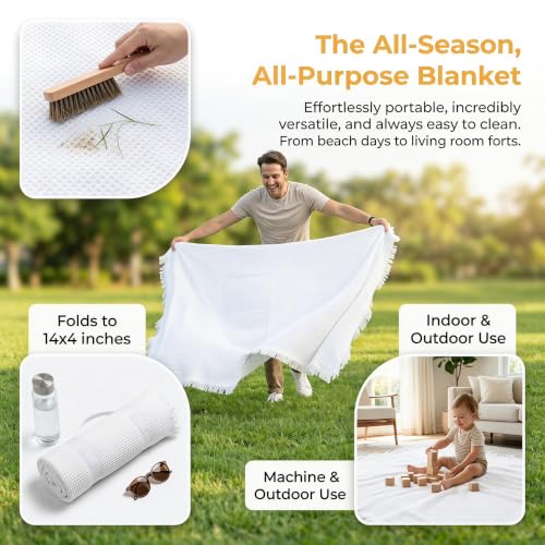Large White Picnic Blanket 70 x 70 Inches for Outdoor & Indoor Use