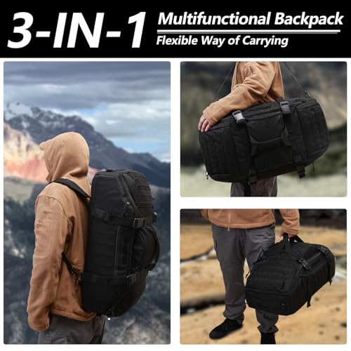 Hannibal Tactical 65L Large Duffle Bag - 3-in-1 MOLLE Backpack for Sports & Outdoor - Black