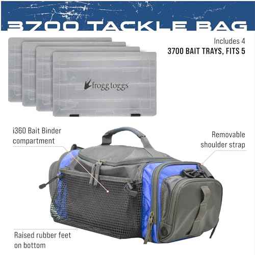 FROGG TOGGS Heavy Duty Fishing Tackle Duffle Bag, Includes Bait Trays, Blue, 3600