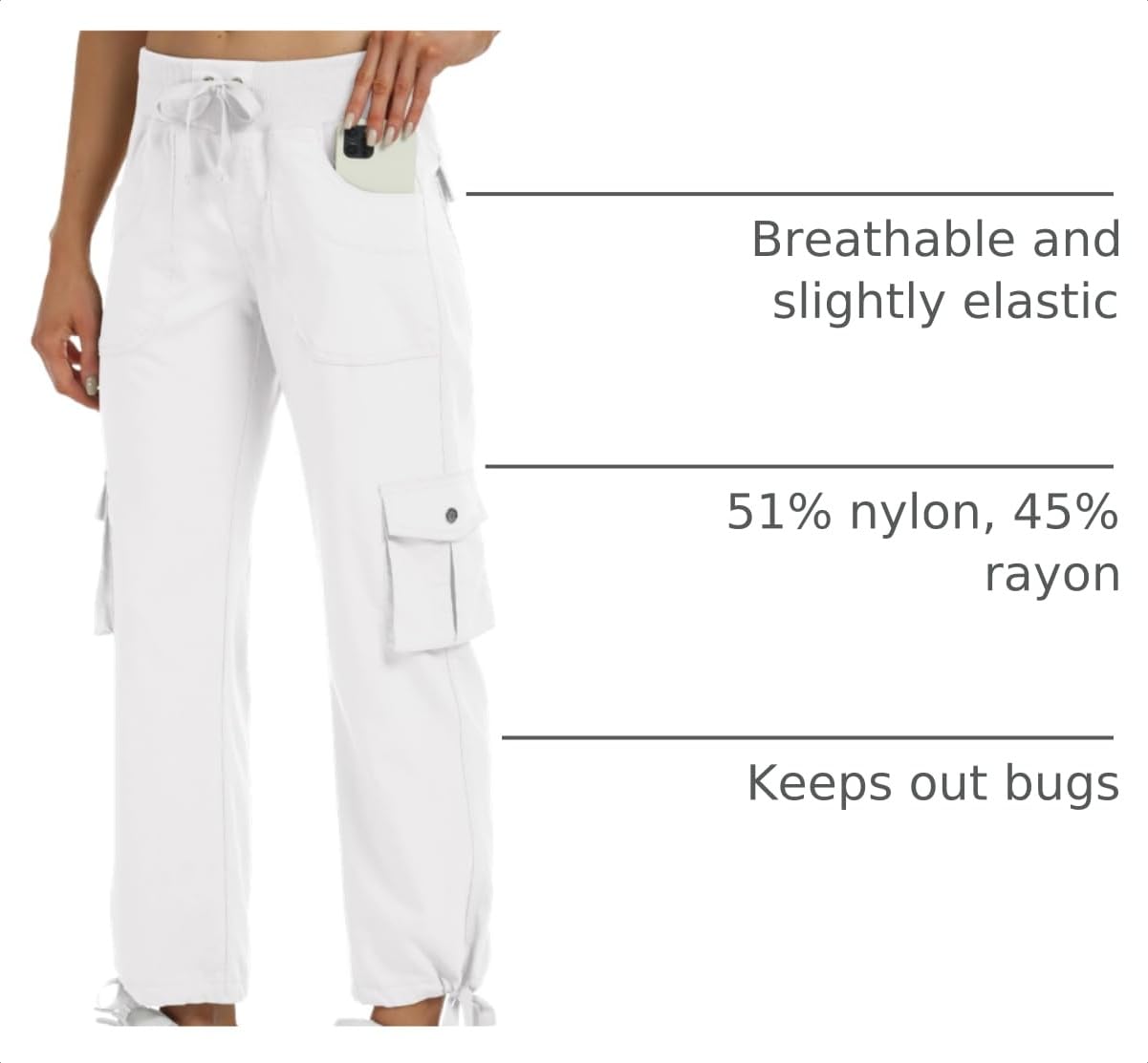 MoFiz Women's Hiking Cargo Athletic Pants Casual Travel Loose Lightweight Quick Dry Breathable Running Joggers Outdoor Button Pockets White S